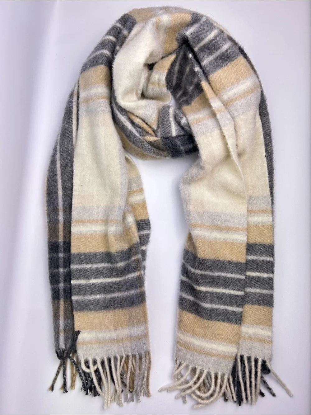 Talbots 100% Cashmere Plaid Scarf Beige Gray Blue Fringe 71”